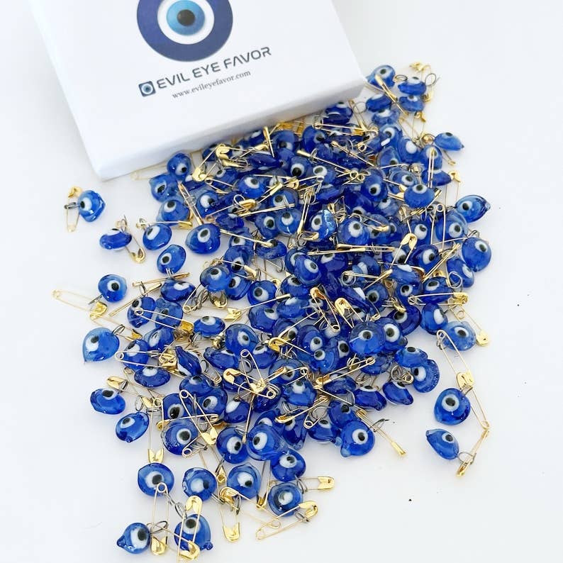 Tiny Glass Evil Eye Safety Pin with Card, Blue Heart Charm